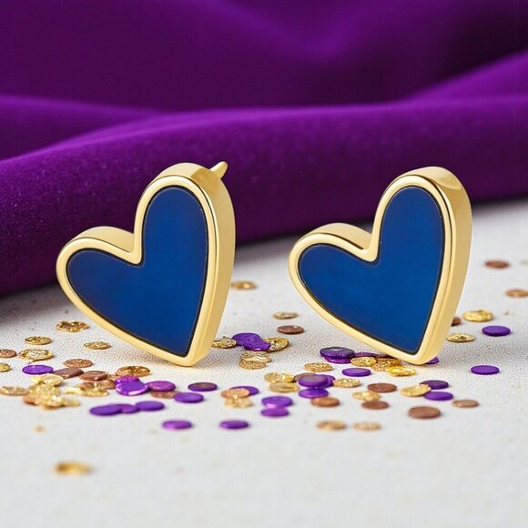 🆕 Royal Blue Enamel Heart Stud Earrings Gold Tone Statement Cute Gift for Girls - Picture 10 of 10